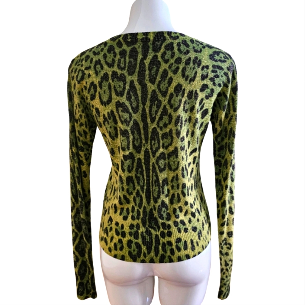 Jigsaw lurex cardigan in green and leopard print. Size 10-12 - Picture 3 of 7